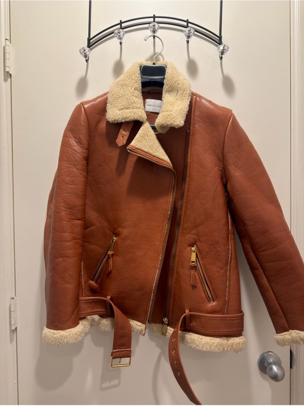 Rebecca Minkoff Cognac Shearling-Trim Moto Leather Jacket small new